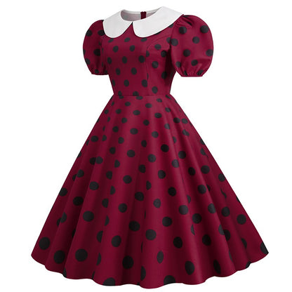 Elegant Women Summer Dress Puff Short Sleeve Polka Dot Peter pan Collar Vintage A-line Midi Long Party Sundress