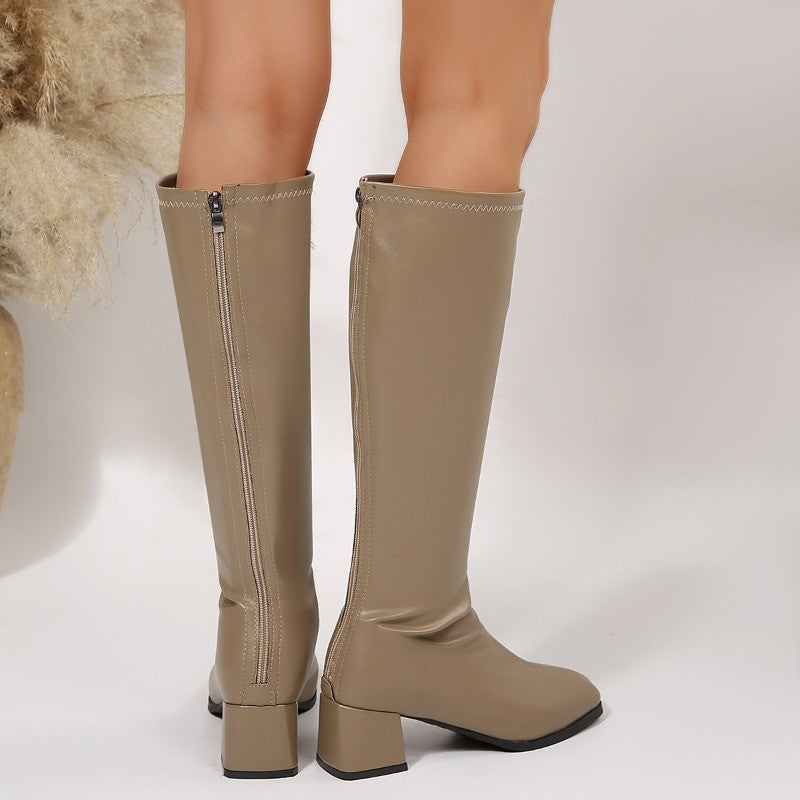 Winter Women Knee High Boots Cosy Soft Leather Thick Heel Shoes Female Vintage Slim Long Booties Zapatos De Muje