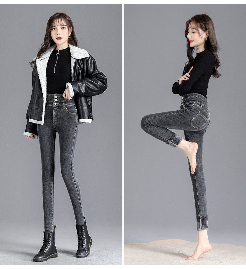 Autumn Winter Skinny Jeans Fashion Women Thermal Fleece High Waist Stretch Warm Pencil Pants Casual Velvet Button Denim Pant