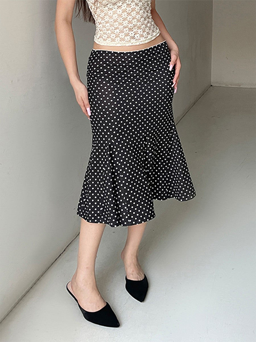 Women's Midi Skirts Dot Print Low Waist Skirts Spring Summer Casual Skirts 2025 Fashion Casual Elegant Clothes