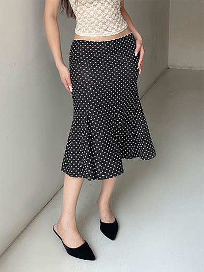 Women's Midi Skirts Dot Print Low Waist Skirts Spring Summer Casual Skirts 2025 Fashion Casual Elegant Clothes