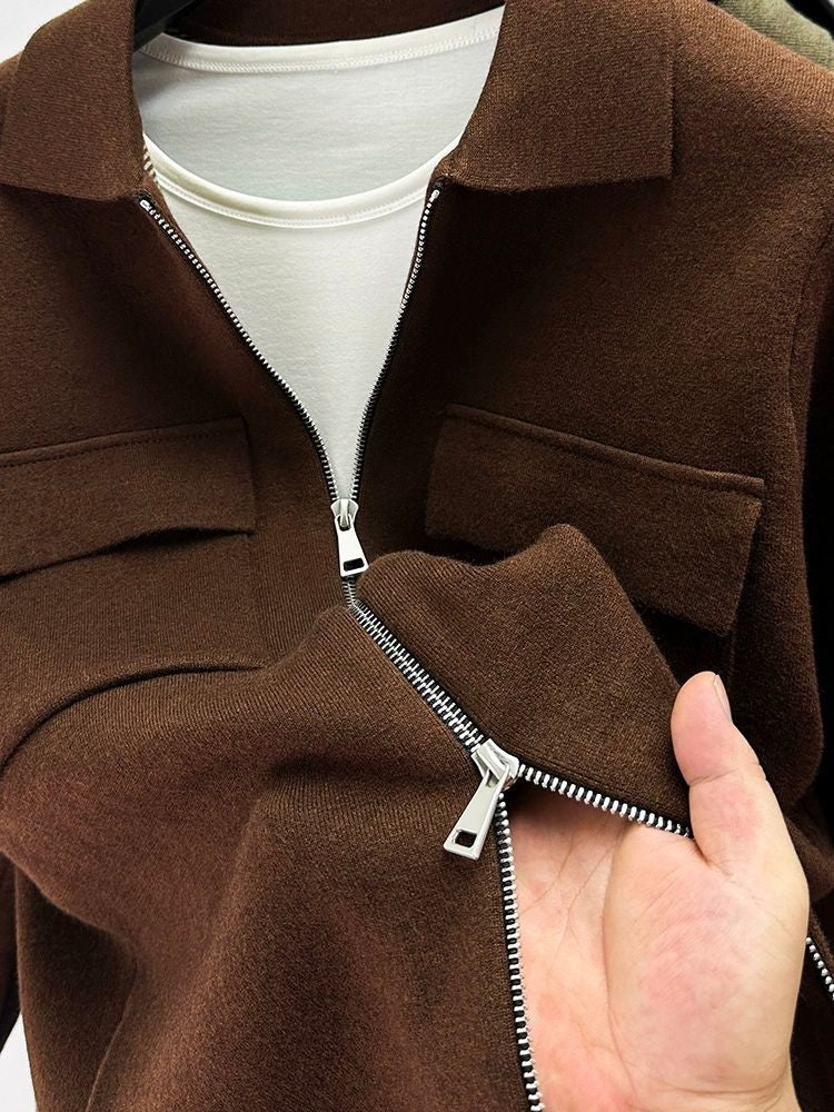 Premium Zipper Collar Wool Cardigan Men's Casual Coat Autumn/Winter Luxury Pocket Design Solid Color Casual Warm Sweater Jacket