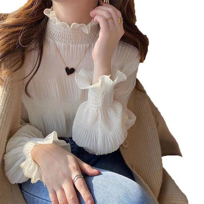 Chiffon Blouse Women Auricular Edge Fairy Gas 2023 New Korean Version Loose Foreign Style Court Bottom Coat