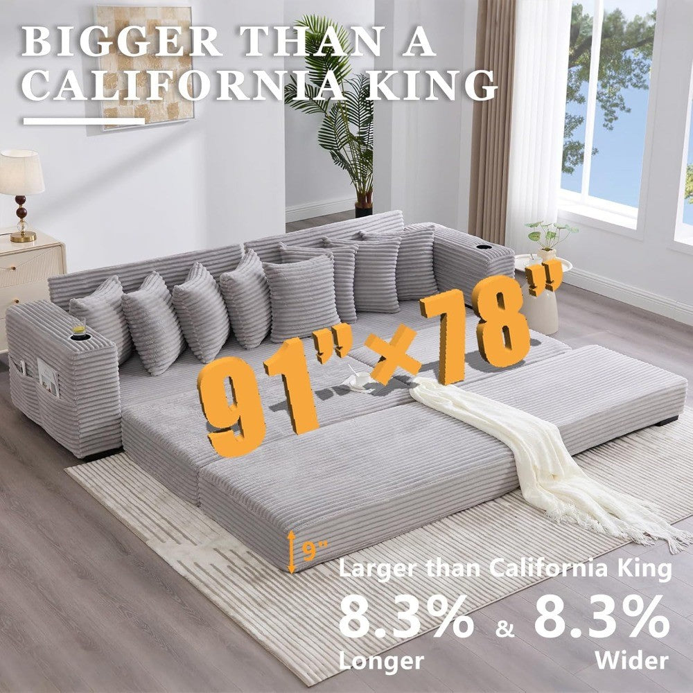 Sleeper Sofa Bed King, Corduroy Modular L Shaped Sofa, Oversized Reversible Chaise Lounge, Modern Sectional Couch with Ottoman