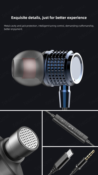 USB Type C Earbuds Metal Heavy Bass Earphones In Ear Noise Reduction 3.5mm Wired Headphones with Mic for Samsung Galaxy iPhone