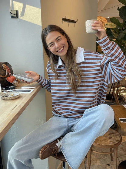 Autumn New Striped Loose Polo Collar Women Tops Fashion Vintage Patchwork Long Sleeve T Shirt Streetwear Women Basic Tops