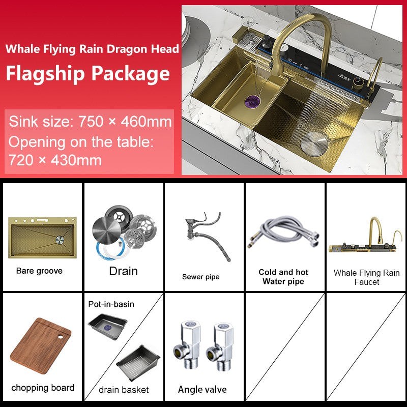 Stainless Steel Waterfall Kitchen Sink New Embossed Extra Large Single Slot Modern Digital Display Dishwashing Basin