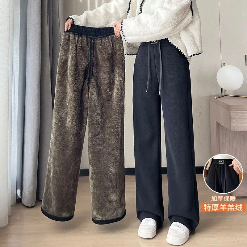 Warm Lambswool Straight Pants Women Corduroy Thickened Loose Wide Leg Pants Fashion Casual Elastic High Waist Fleece Trousers