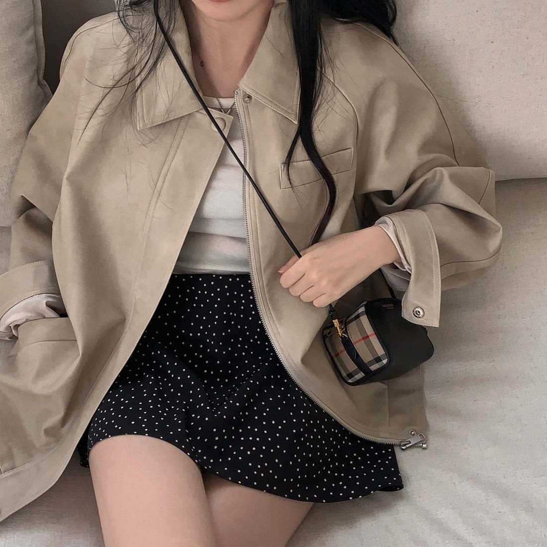 Sli Loose PU Leather Jaet Women's Chic Retro Collar Versatile BF Sle Motorcycle Clothes Trendy Long Sve Zipper