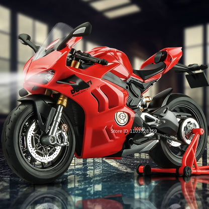 Modelos de motocicleta em miniatura 1:9 Scale 1299 V4S Brinquedos de motocicleta de liga leve com som, luz e absorção de choque, motocicletas de ornamento para presentes infantis