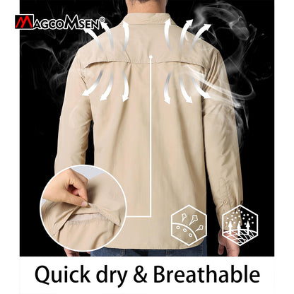 MAGCOMSEN UPF 50+ Mens Quick Dry Cargo Shirts Mesh Breathable Long Sleeve Work Shirts UV block Outdoor Hiking Fishing Shirts
