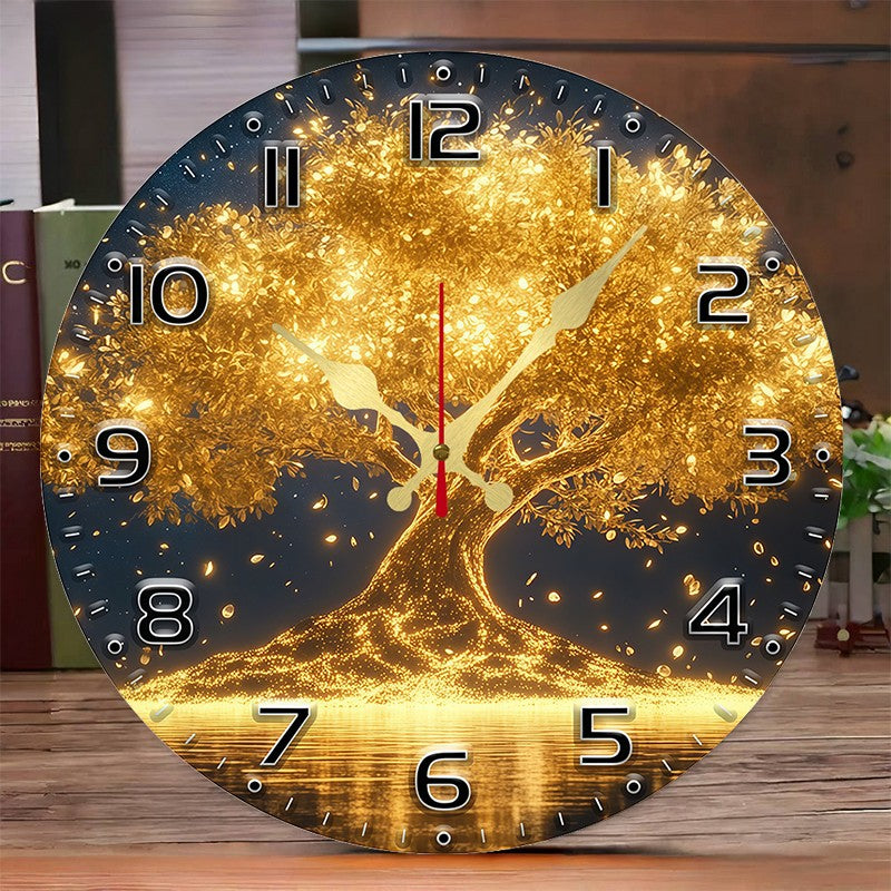 Golden Life Tree Wooden Round Silent Hanging Wall Clock, Suitable For Living Room, Office, Study Room, Bedroom, Home Decoration
