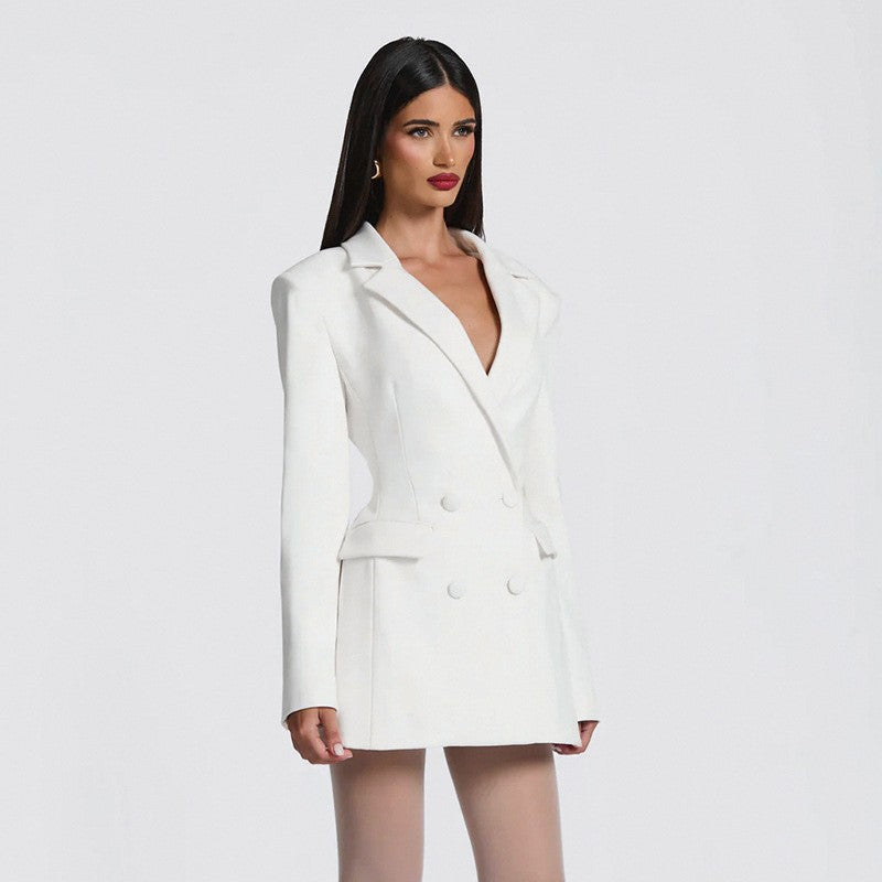 Mozision Deep V Neck Long Sleeve Sexy Mini Blazer Dress Women Elegant Double-breasted High Waist Club Party Blazers Dress