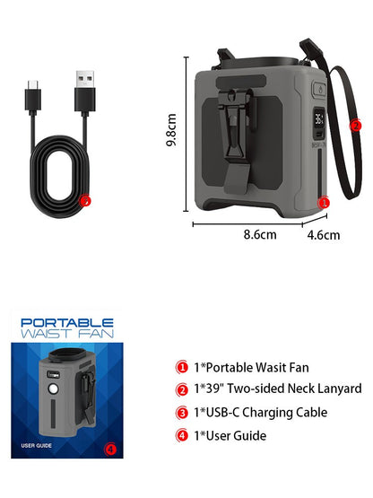 10000mAh Waist Fan Portable Handheld Hanging Neck Fan Ultra-Strong Wind with Phone Charging LED Light for Outdoor Working