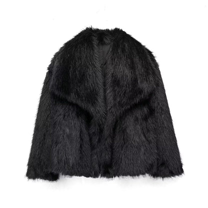 HH 2025 Vintage Women Cropped Faux Fur Jacket Long Sleeve Turn-Down Collar Female Plush Wool Coats Chic Lady Fur Outerwear