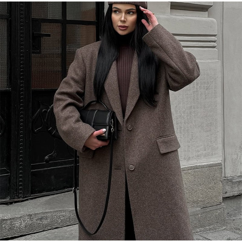 Women Shoulder Pad Wool Long Coats Fashion Lapel Single-breasted Long Sleeve Coat Chic 2025 Autumn Lady Commute Street Outerwear