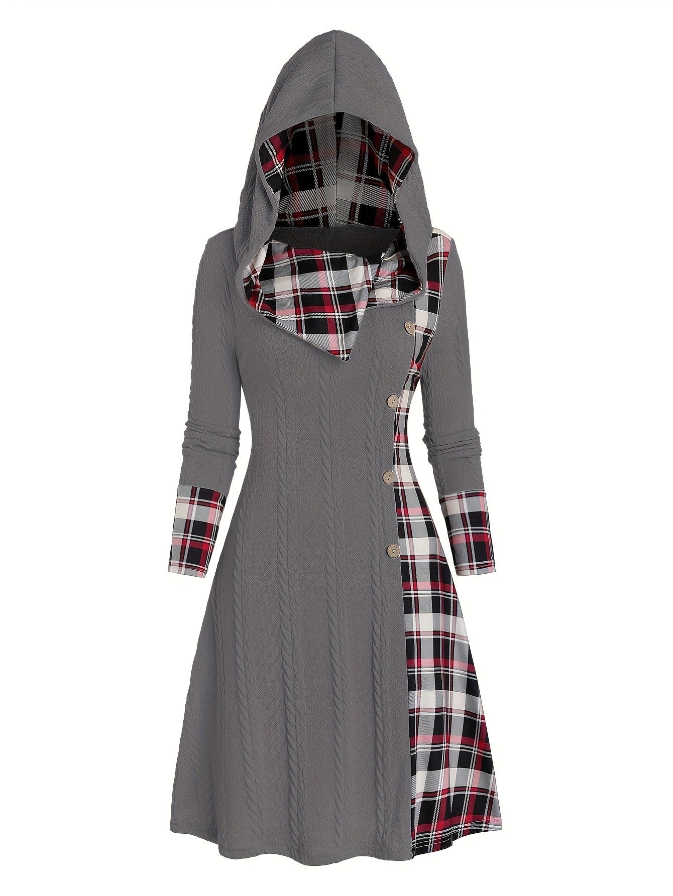 Knitted hooded dress plaid print stitching fake buckle high waist long sleeve A-line dress female