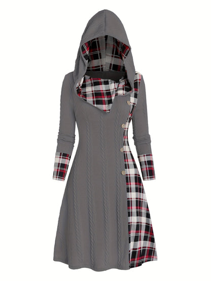 Knitted hooded dress plaid print stitching fake buckle high waist long sleeve A-line dress female
