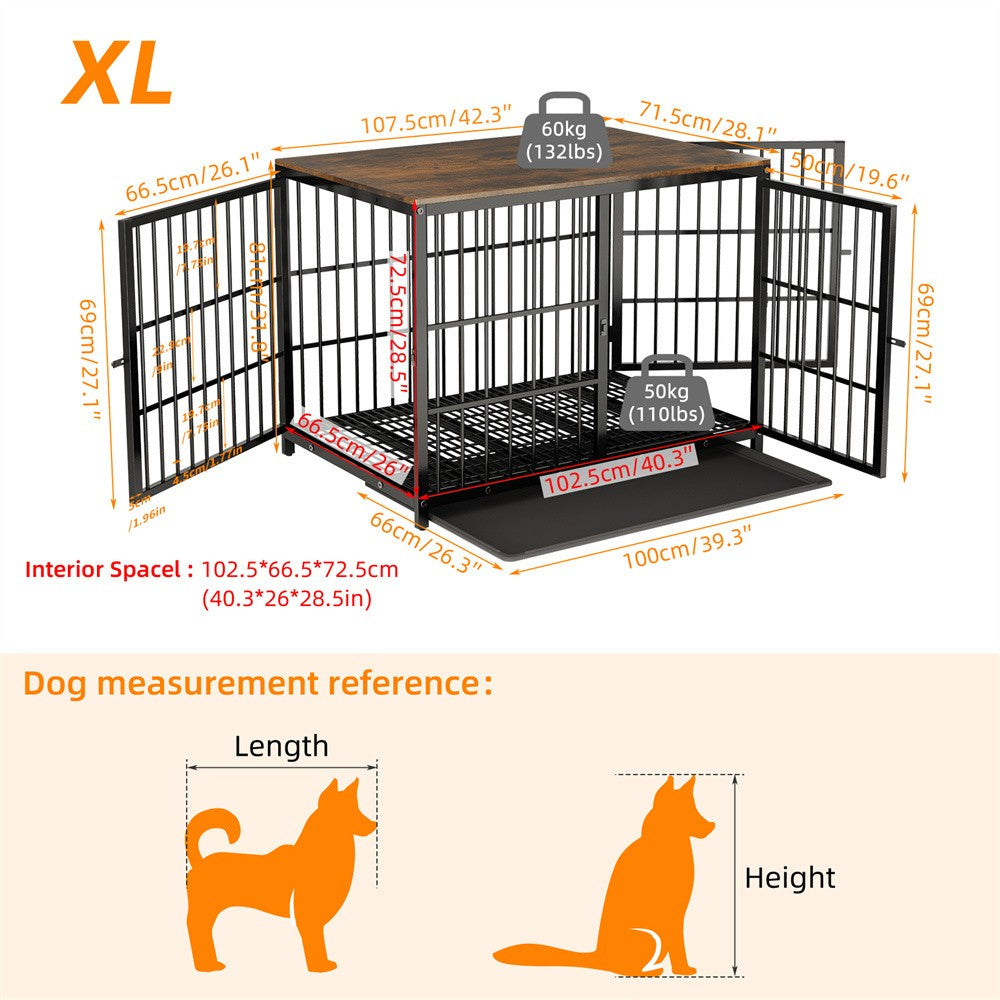 Caixa de Madeira Grande para Cães, Estilo Móvel Interno, Gaiola Elevada para Cães de Estimação, Canil, Mesa de Apoio, Cercado com Treliça, 3 Portas, Bandeja Removível