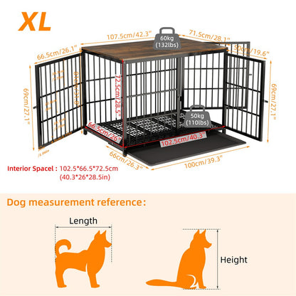 Caixa de Madeira Grande para Cães, Estilo Móvel Interno, Gaiola Elevada para Cães de Estimação, Canil, Mesa de Apoio, Cercado com Treliça, 3 Portas, Bandeja Removível