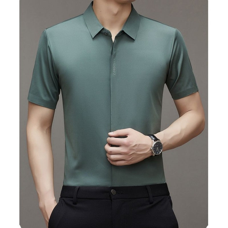 High end  Mulberry Silk Men Short Sleeve Business Shirt Wrinkle Resistant Button Invisible Top Elastic Luxurious Men Shirts