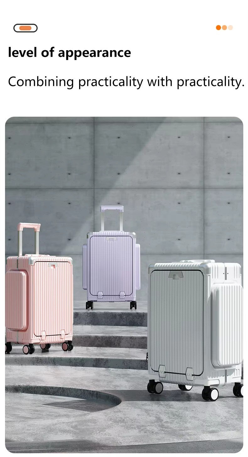 Tri-Zone Access Opening Suitcase Aluminum Frame PC Material Travel Case with Spinner Wheels Cup Holder TSA Lock Rolling Luggage