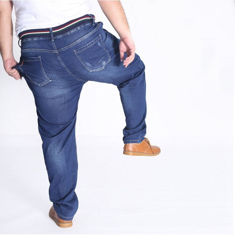 Autumn plus size casual jeans fashion men's pocket elastic waist straight plus size high elastic jeans.