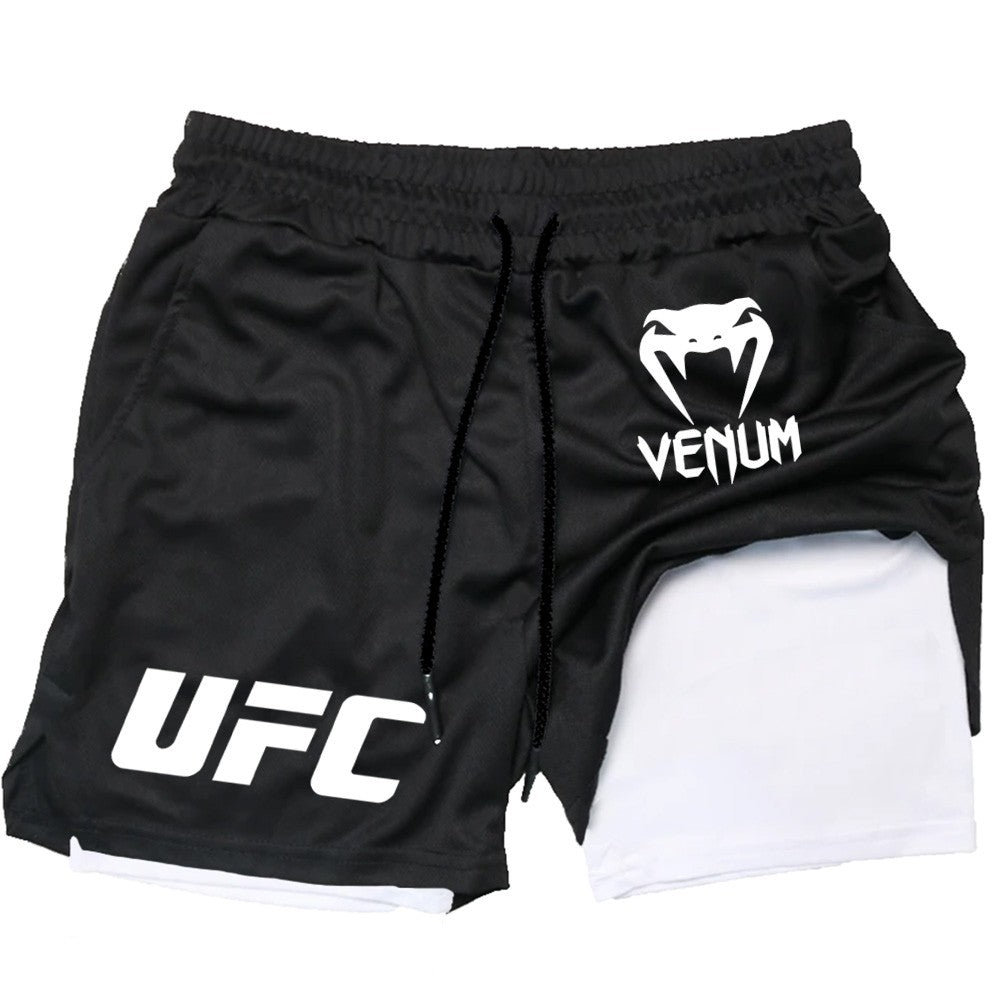 Men's UFC Printed Quick-Dry Double-Layer Sports Shorts, Breathable Tennis Training Shorts