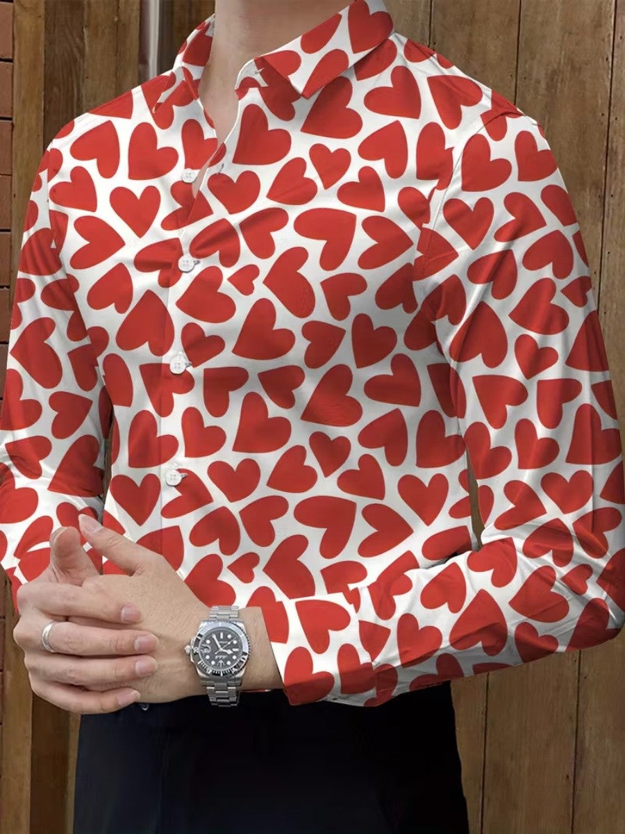 New men's long-sleeved heart-pattern single-button shirt - suitable for formal parties, dates, daily wear. Quick delivery.