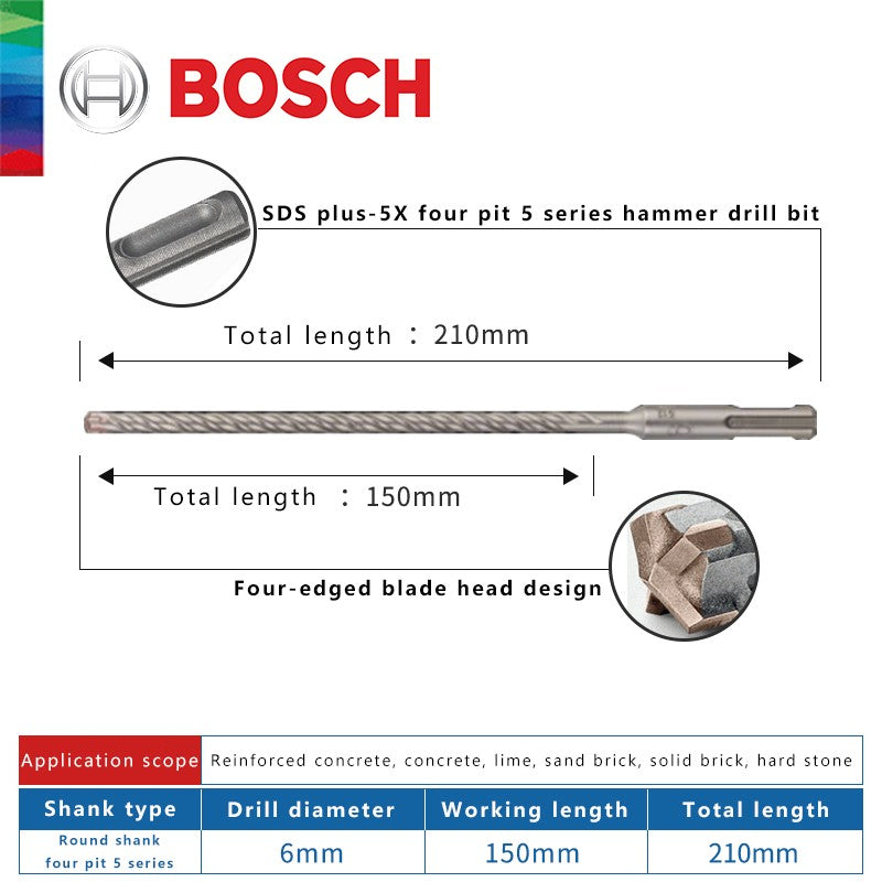 BOSCH Broca para Concreto e Madeira para Martelo Elétrico de Quatro Furos e Duas Ranhuras, de Duas Pontas, Série 5, com Haste Redonda