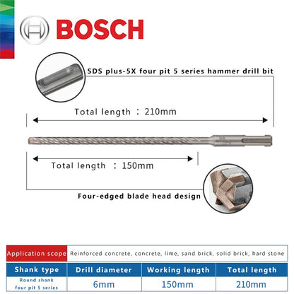 BOSCH Broca para Concreto e Madeira para Martelo Elétrico de Quatro Furos e Duas Ranhuras, de Duas Pontas, Série 5, com Haste Redonda