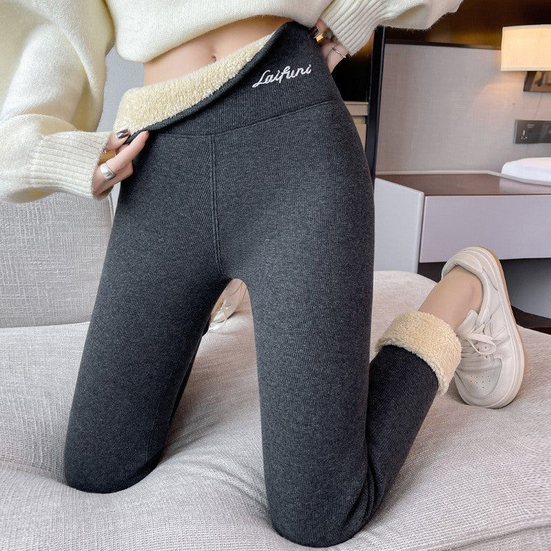 220g/350g Women High Waist Warm Thicken Tights Winter  Embroidery Solid Casual Fleece Pants Comfortable Versatile Points Pants