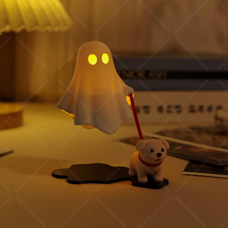 Cute Ghost LED Night Light with Dog Figure - Spooky Desk Lamp, Halloween Decor, Warm Light for Bedroom