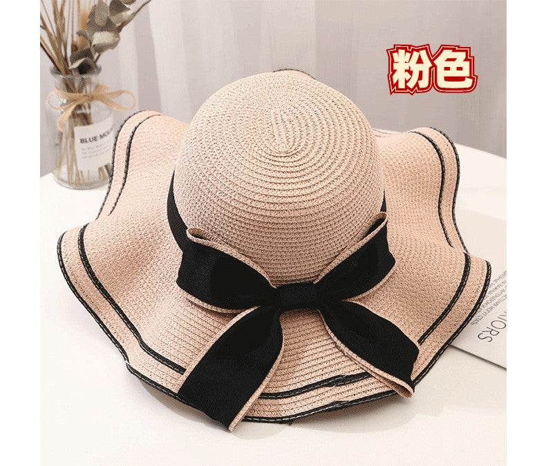 Beach HatJapanese Everything Hairy Edge Straw Hat Female Summer dome  Top Outing Sun Hat Small Fresh Bow Sun Shade Beach Hat
