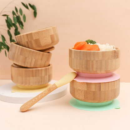 4pcs Bamboo Plate Sets Baby Feeding Bowl Wooden Kids Feeding Supplies Spoon Fork for Baby Tableware Suction Plate Bowl Cup