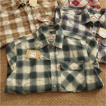 Autumn New Japanese Retro Long-Sleeve Lapel Plaid Cargo Shirt Men's Simple 100% Cotton Washed Pocket Casual Blouses Thin Coat