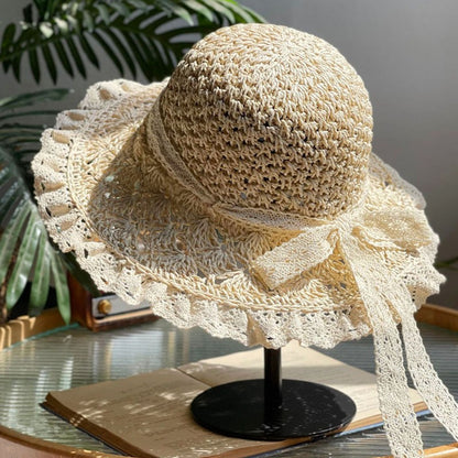 Summer Foldable Lace Edge Straw Hat for Women's Handwoven Cute Bow Sunshade Hat for Vacation Beach Hat