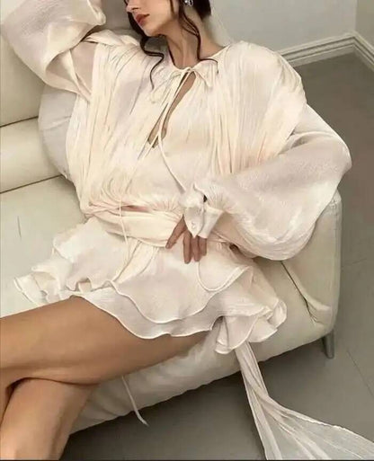 Beige Top Solid Blouse Mini Dresses For Women V Neck Long Sleeve Spliced Lace Up