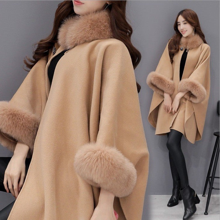 Women Wool Mid Length Coats Jackets Blends Fur Collar Cloak Coat Y2k Streetwear Jacket Work Outerwear Autumn Winter 2025
