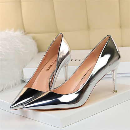 Women Mteallic Bronze Leather Pumps 7.5cm 10.5cm High Heels Lady Stiletto Middle Heels Wedding Bridal Gold Silver Event Shoes