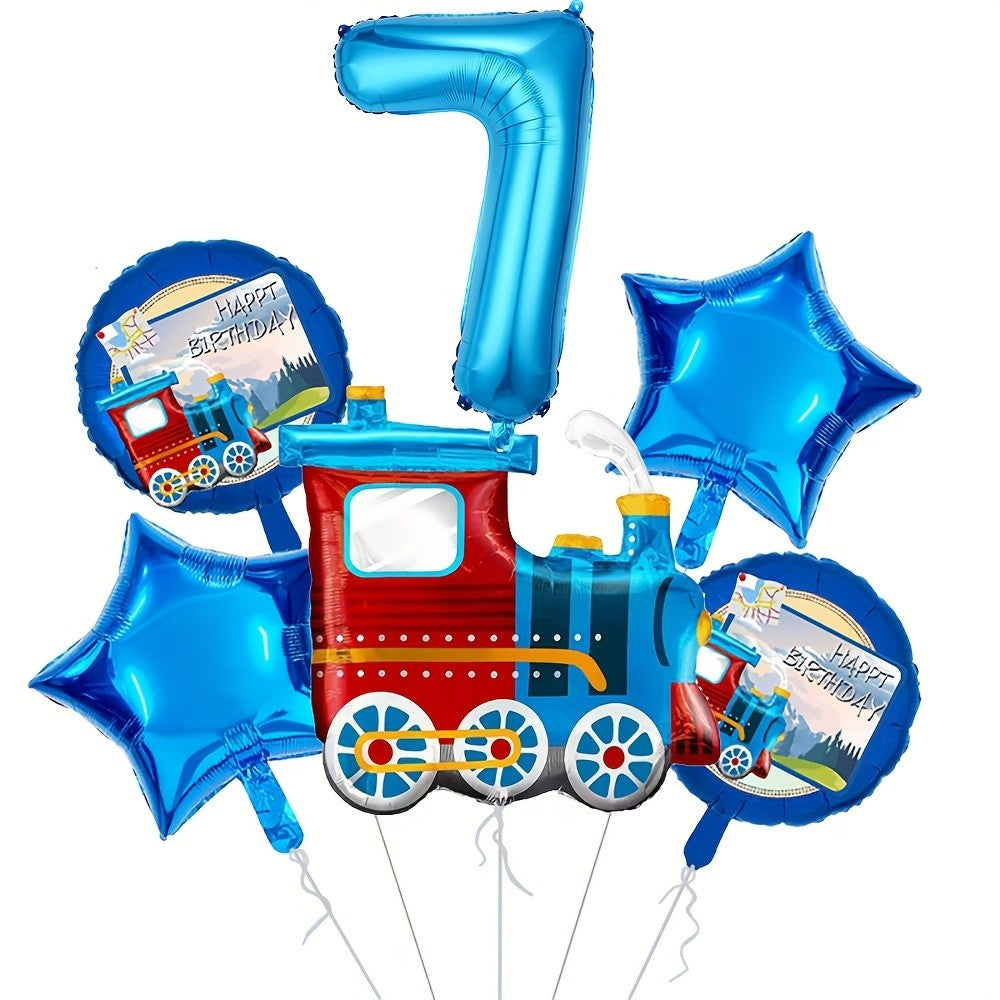 6pcs Retro train Balloon Set Blue Digital 0-9 Foil Balloon Cartoon Train Balloon Birthday Party Decoration Supplies Baby Shower