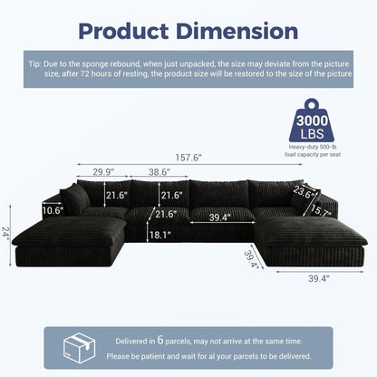 157.6" Oversized U Shaped Modular Boneless Sofa with 2 Ottomans, Cloud Sectional Couches for Living Room, Deep Seat Corduroy