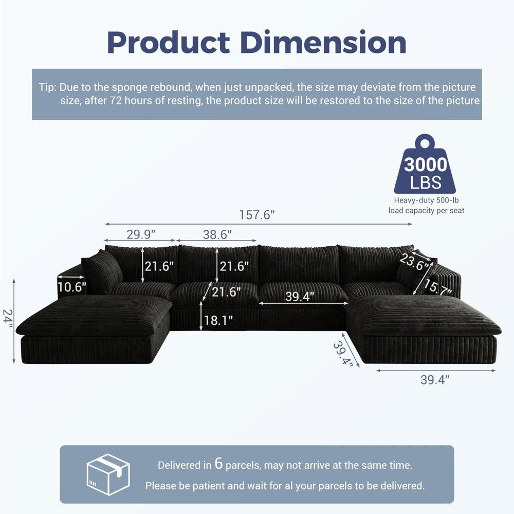 157.6" Oversized U Shaped Modular Boneless Sofa with 2 Ottomans, Cloud Sectional Couches for Living Room, Deep Seat Corduroy
