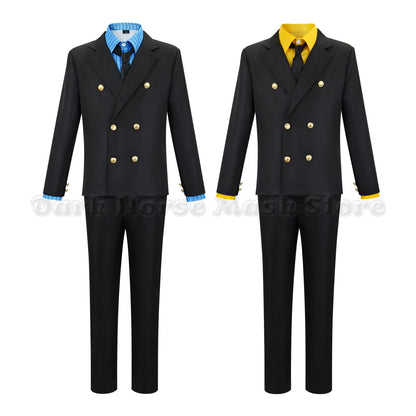 Anime One Sanji Piece Cosplay Costume Blue Yellow Shirt Suit Uniforms Full Set Halloween Party Role Play Outfit for Adult Men