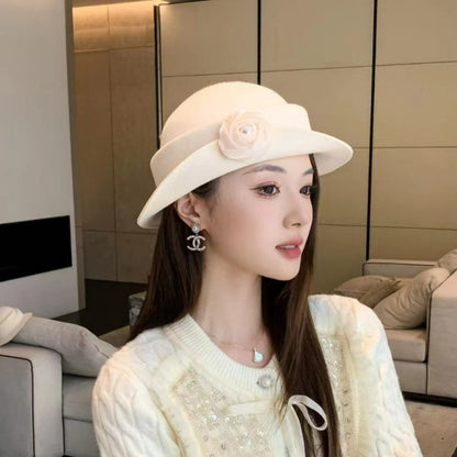 French light luxury Australian wool felt hat Hepburn style camellia flower small brim basin hat women elegant banquet top hat