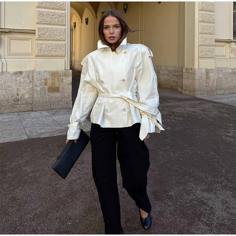 Belted Waist Cropped Trench Double Breasted Stand Collar 2025 Autumn Chic Elegant Women Coat Casual Vintage Office Lady Jacket