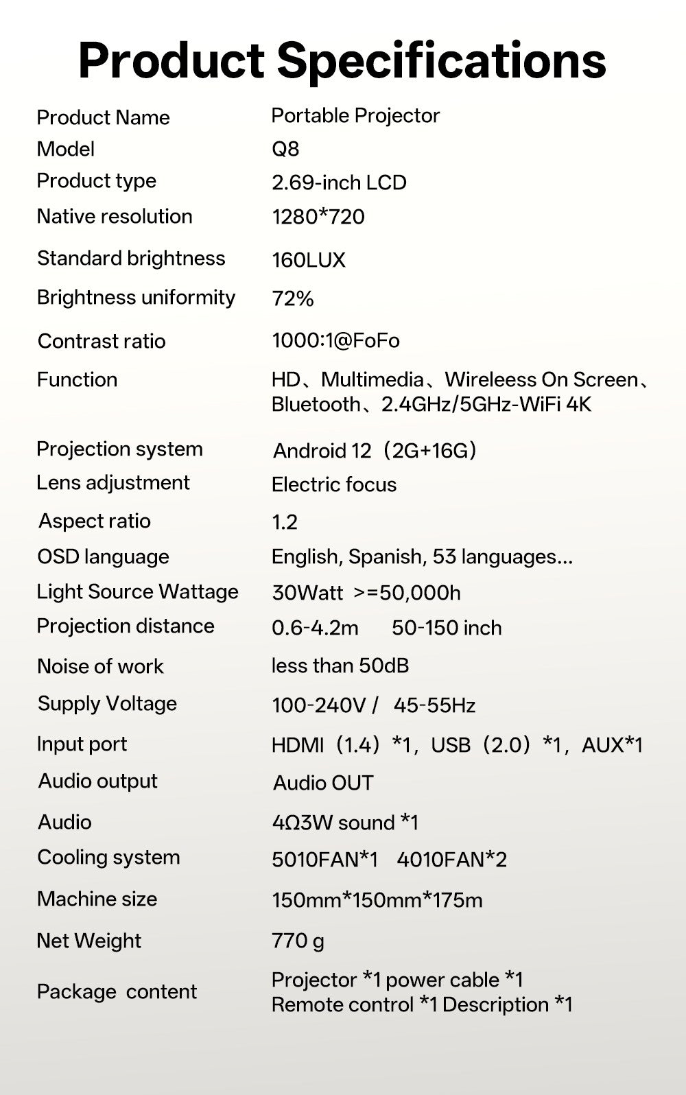 MSAI Soccer Q8 Projector 4K 720P Android 12 Auto Focus Dual-Band WiFi Multi-Language Projector for Camping Bedroom Outdoor Movie