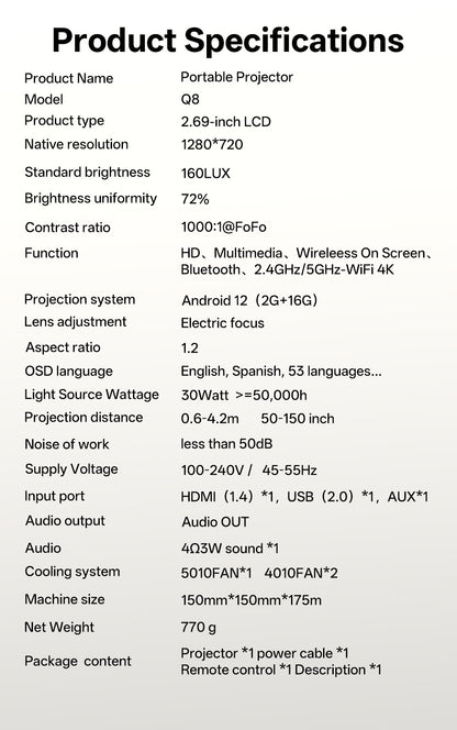MSAI Soccer Q8 Projector 4K 720P Android 12 Auto Focus Dual-Band WiFi Multi-Language Projector for Camping Bedroom Outdoor Movie