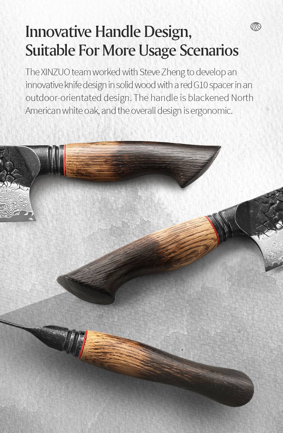 XINZUO 1-6-Piece Damascus Knife Set 67-Layer Steel White Oak Red G10 Handles Paring Utility Cleaver Santoku Bread Knife