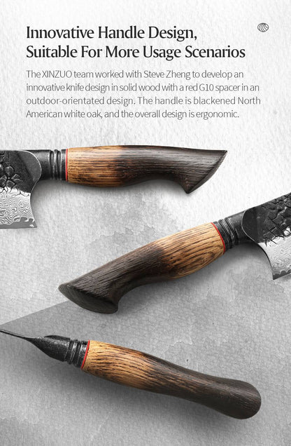 XINZUO 1-6-Piece Damascus Knife Set 67-Layer Steel White Oak Red G10 Handles Paring Utility Cleaver Santoku Bread Knife